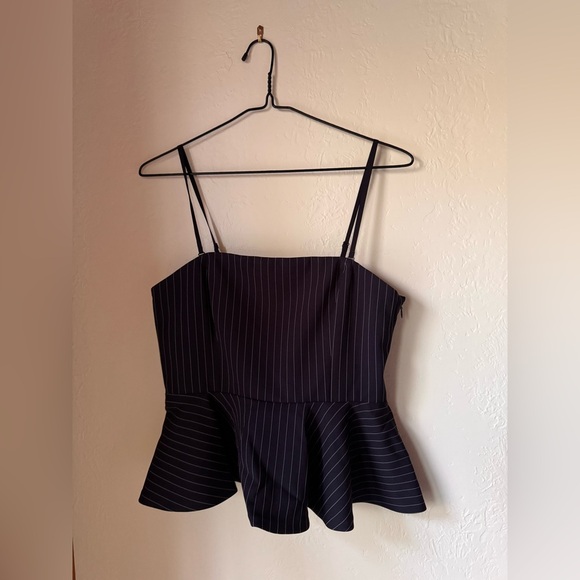 BCBG NewYork Navy Striped Peplum Spaghetti Stripe Top size 10 NWT - Picture 2 of 8
